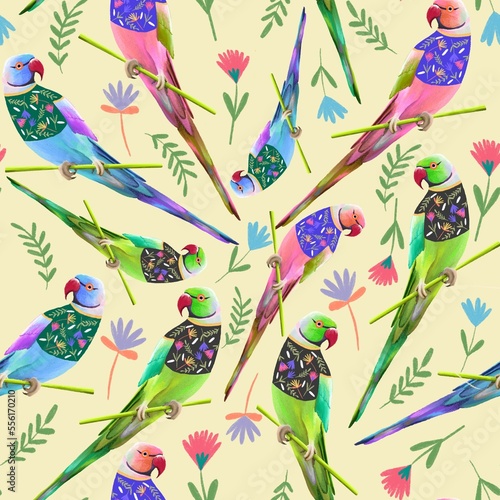 Colourful parrots and flowers seamless pattern. Cute birds repeated texture. 