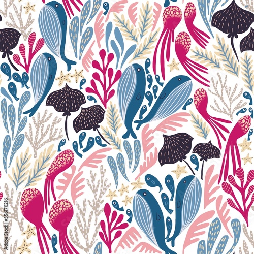 Sea life seamless pattern. Underwater simple repeated texture. 