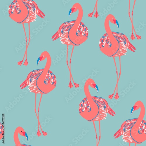 Cute flamingos on blue background seamless pattern
