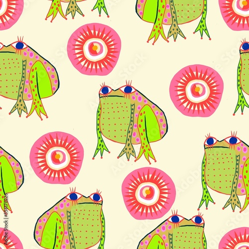 Funny frogs seamless pattern. For kids repeated texture. 