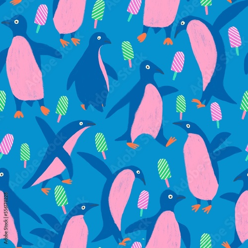 Cute penguins and ice cream seamless pattern. Funny birds on blue background. 