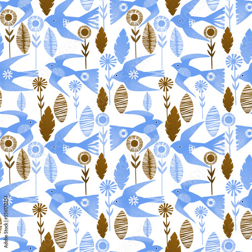 Blue birds seamless pattern. Scandinavian repeated texture.