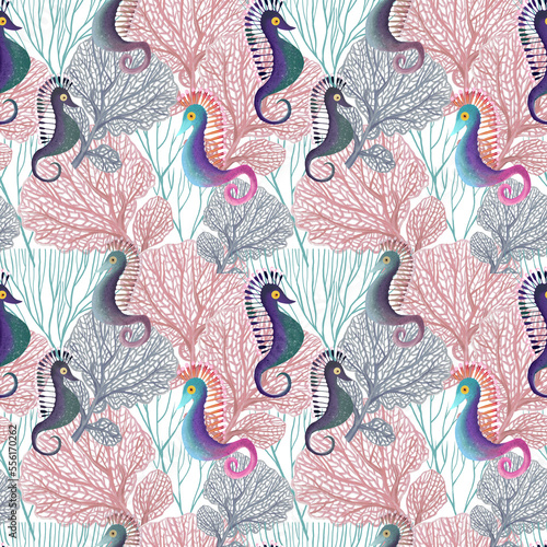Cute Seahorses seamless pattern. Underwater sea life illustration. Seaweed and fish 