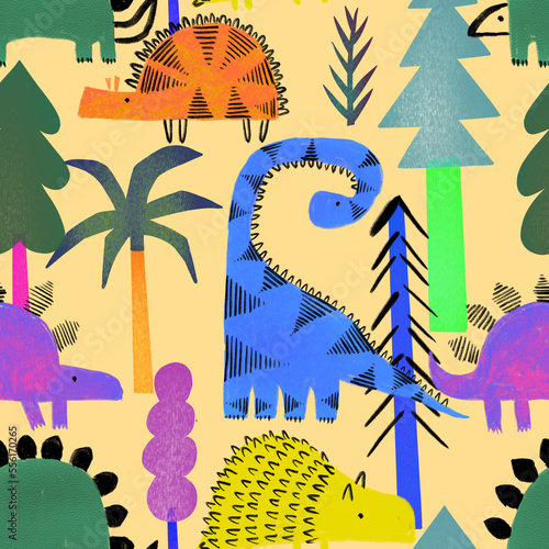 Cute dinosaurs in the forest seamless pattern. Dino and trees on light background. For kids repeated texture. 