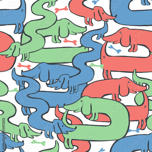 Dachshunds seamless pattern. Cute long dogs repeated texture.