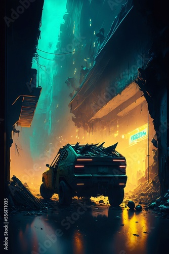 Wallpaper Mural Car parked in cyberpunk night city digital art Torontodigital.ca