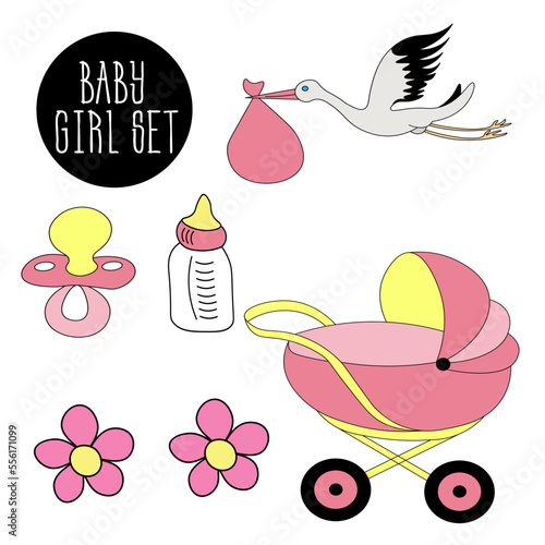 set for baby girl.  newborn items - bottle of baby milk, pacifiers and pink stroller.