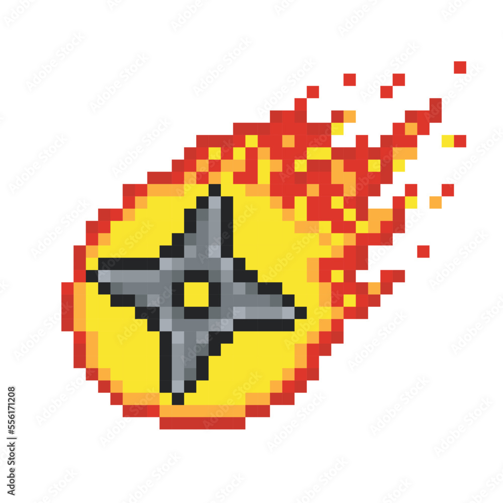 Ninja star in fire, shuriken pixel art