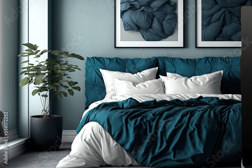 On a blue bed are white pillows, a duvet, and a duvet cover. On top of a blue sofa is a white bed. Bedroom mock up on the wall with a bed, bedding, and poster frame. looking left. Generative AI