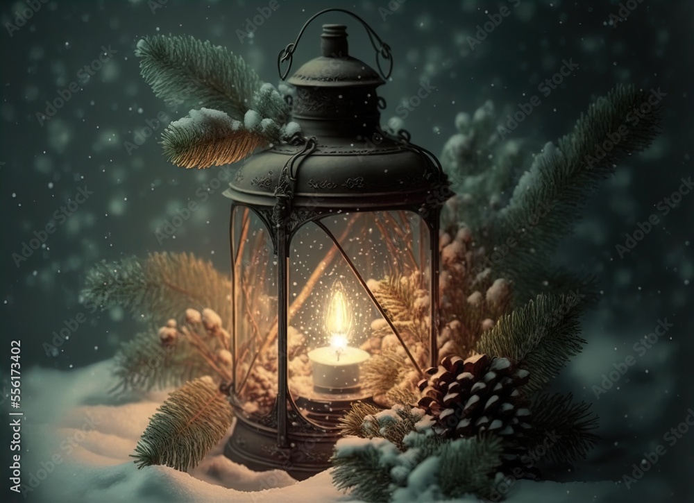 Christmas lantern in snow with fir tree branch. Generative AI. Christmas lantern in snow with fir tree branch. Generative AI.