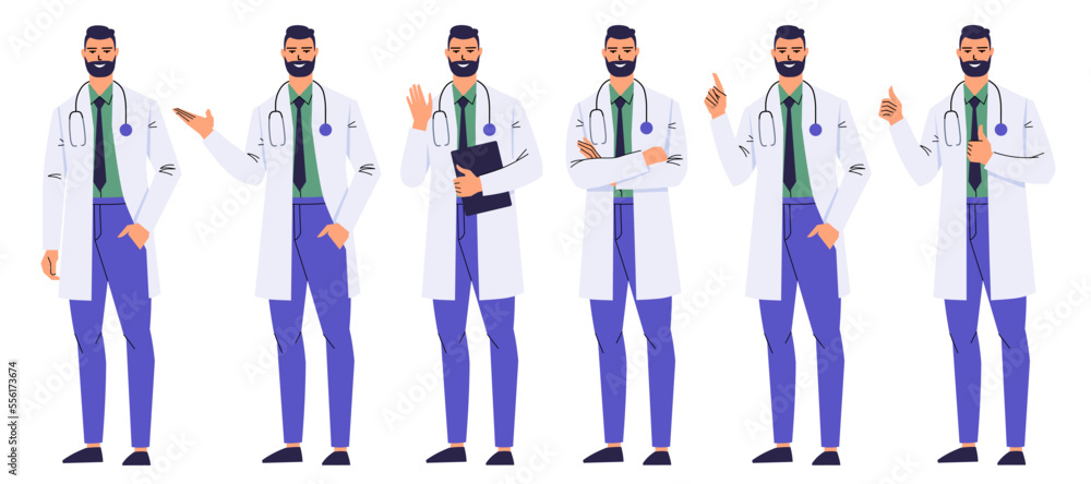Smiling male doctor poses on blue background with stethoscope pointing one  hand up at empty spot and smiling, professional people concept, copy space  Stock Photo - Alamy