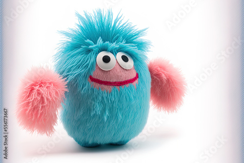 , an animated hairy beast creature moving or dancing, isolated on a white backdrop. soft toy. Bright pink and blue hairy monster. Generative AI