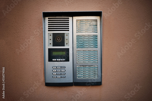 Intercom on the building. Copy space