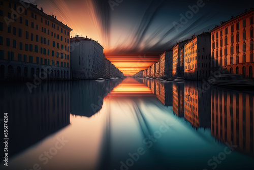 Stunning sunrise colored long exposure of the Canal Grande in Trieste, Italy. Generative AI photo