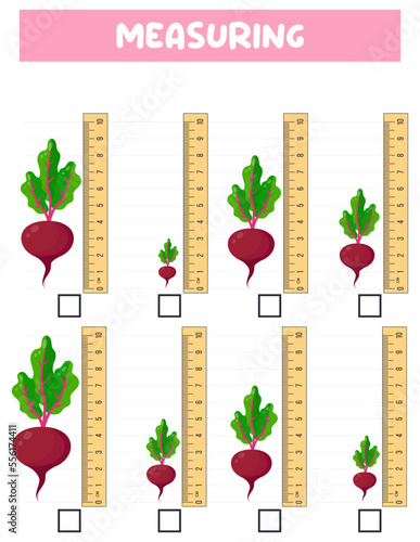 Measuring length  with ruler. Education developing worksheet. Game for kids.Vector illustration. practice sheets.Beet measurement in centimeters.