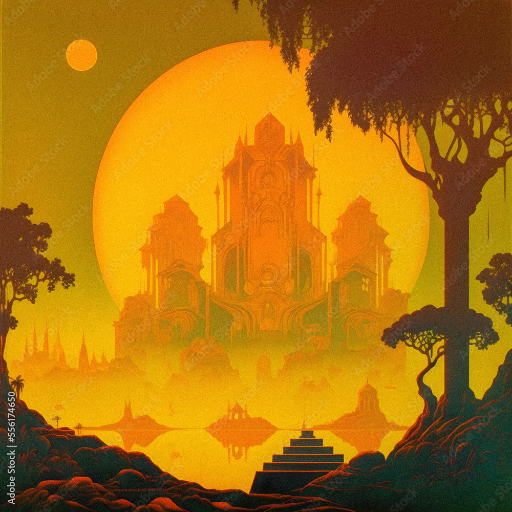 Temples landscape, new age album cover, 1970s, granular texture Stock ...