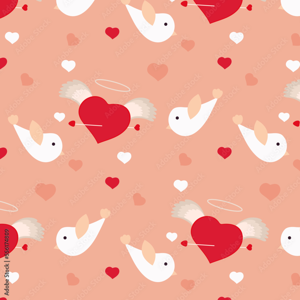 Valentine's Day pattern with cute heart and birds. Cute vector illustration in flat style.