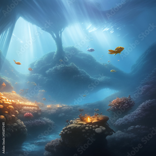 underwater wallpaper design scene with fishes and reefs and mysterious lightning, ai generative
