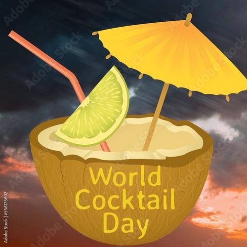 World cocktail day text banner and coconut cocktail icon against clouds in the sky