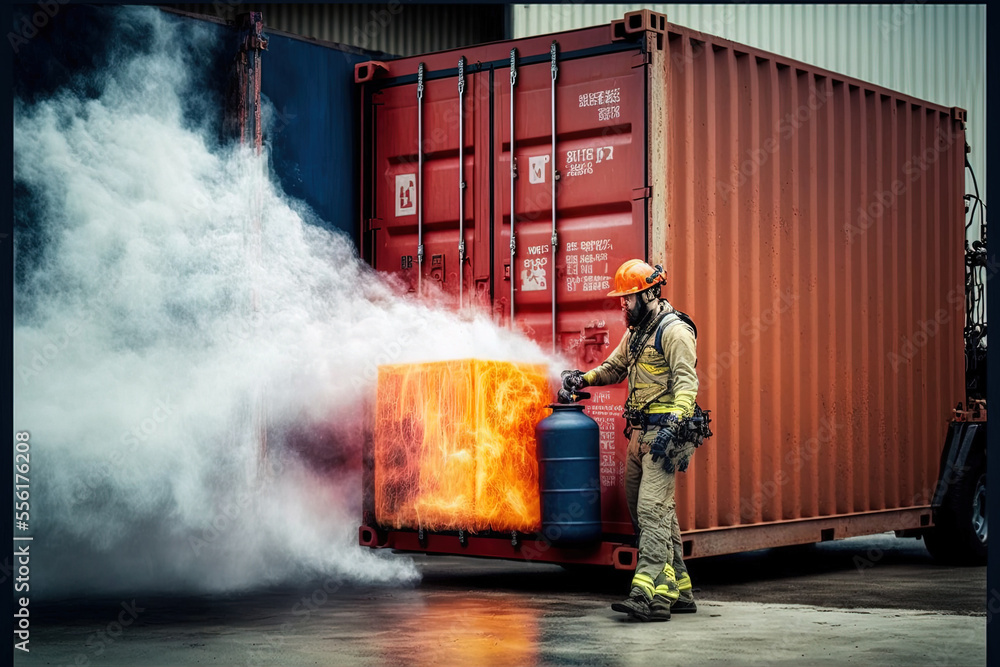 Large cargo container forklift training using fire extinguisher in