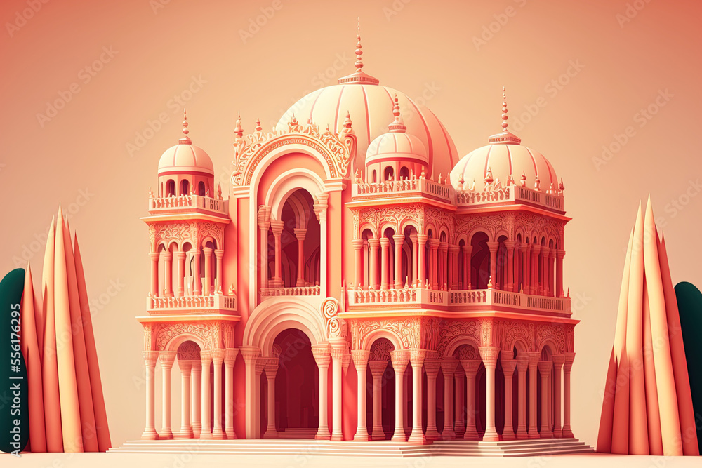 representation of an Indian temple. spirituality of historic buildings' arches. tourist destination Palace. yoga spa icon pastel colors like orange and red Sacred architecture. Individual frame