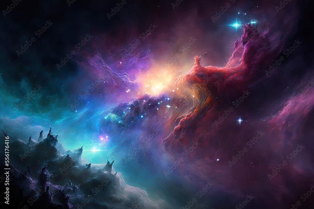 Deep space contains brilliant stars and nebulae with atmospheric colors. Generative AI
