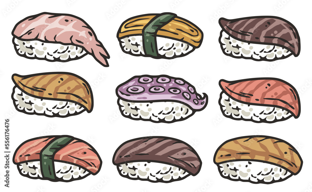 Sushi set or japanese or chinese rolls. Asian food with salmon, nori and shrimp, squid or seafood Sushi set or japanese or chinese rolls. Asian food with salmon, nori and shrimp, squid or seafood