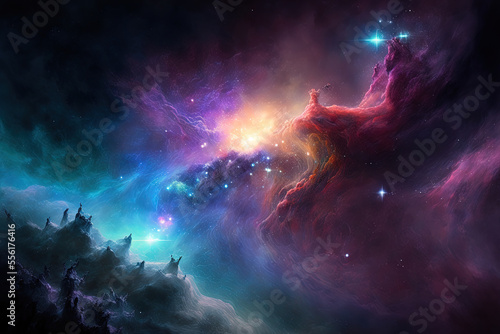 Deep space contains brilliant stars and nebulae with atmospheric colors. Generative AI