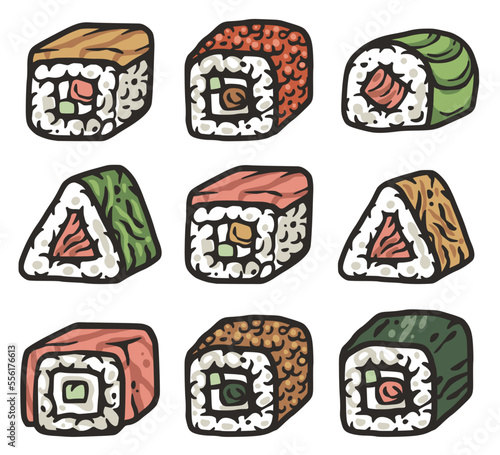 Sushi set or japanese or chinese rolls. Asian food with salmon, nori and shrimp, squid or seafood