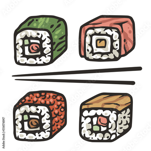 Sushi set or japanese or chinese rolls. Asian food with salmon, nori and shrimp, squid or seafood