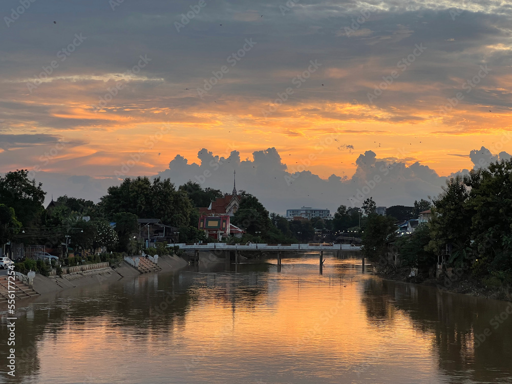 Sunset over the Wang river in Lampang, Thailand
