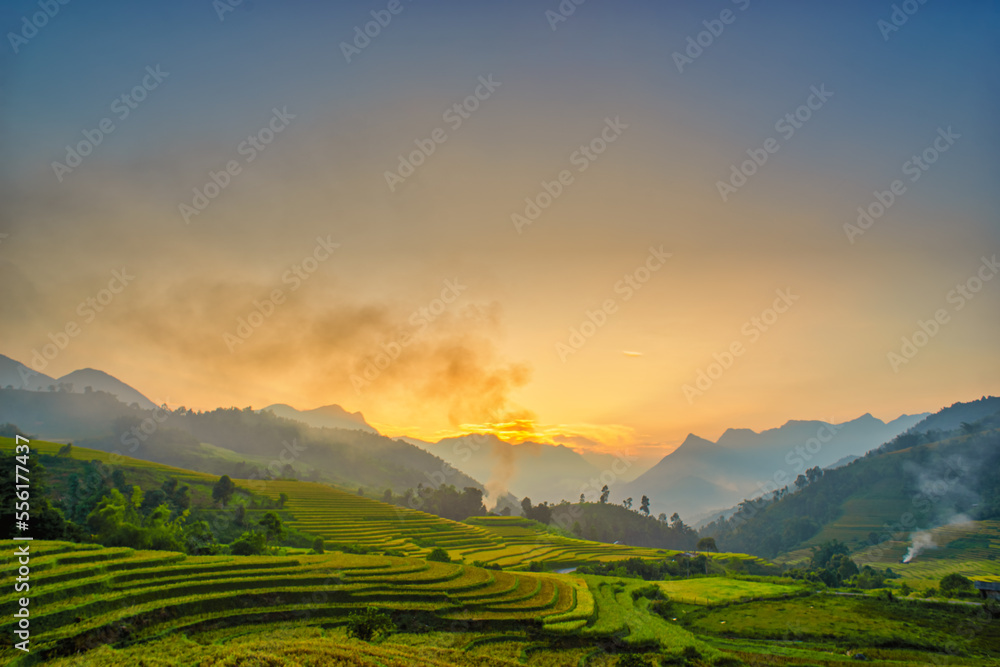 Sunset on terraced fields in Lao Cai, Vietnam. High quality photo	
