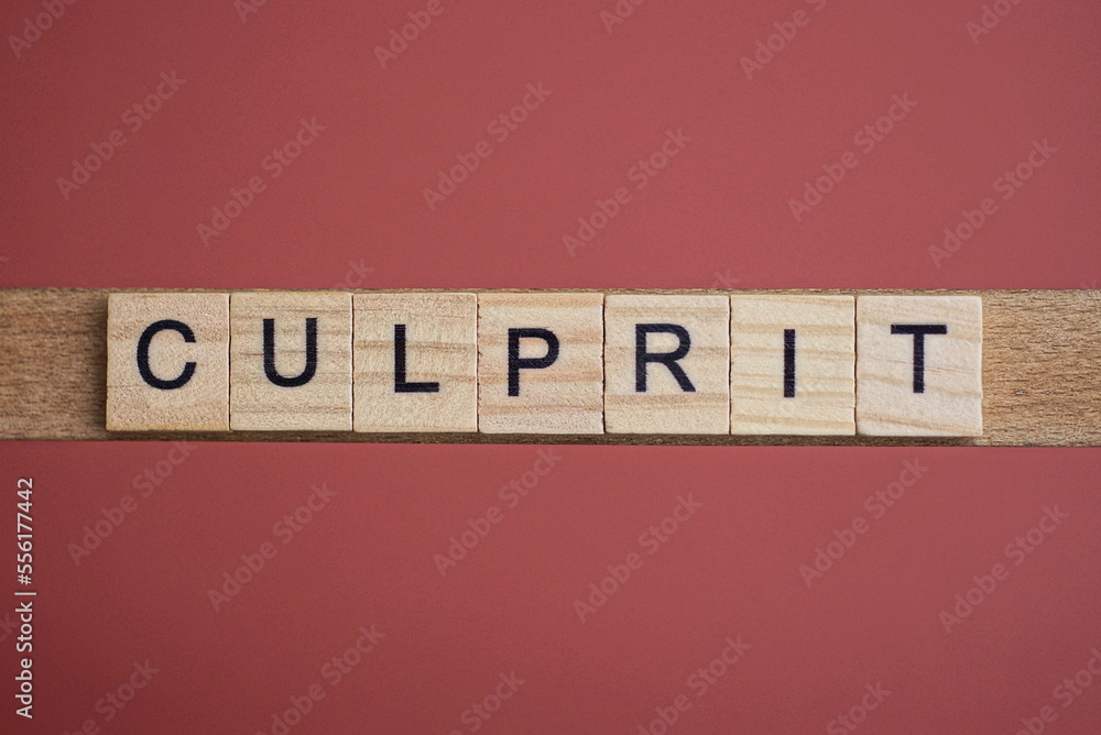 gray word culprit made of wooden square letters on brown background gray word culprit made of wooden square letters on brown background