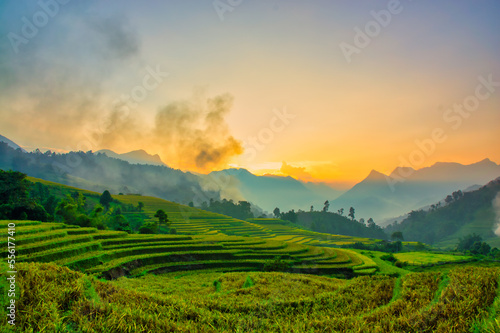 Sunset on terraced fields in Lao Cai, Vietnam. High quality photo 