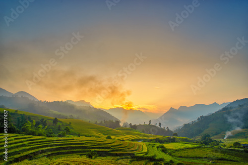 Sunset on terraced fields in Lao Cai, Vietnam. High quality photo 