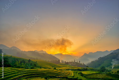 Sunset on terraced fields in Lao Cai  Vietnam. High quality photo  