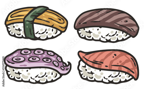 Sushi set or japanese or chinese rolls. Asian food with salmon, nori and shrimp, squid or seafood