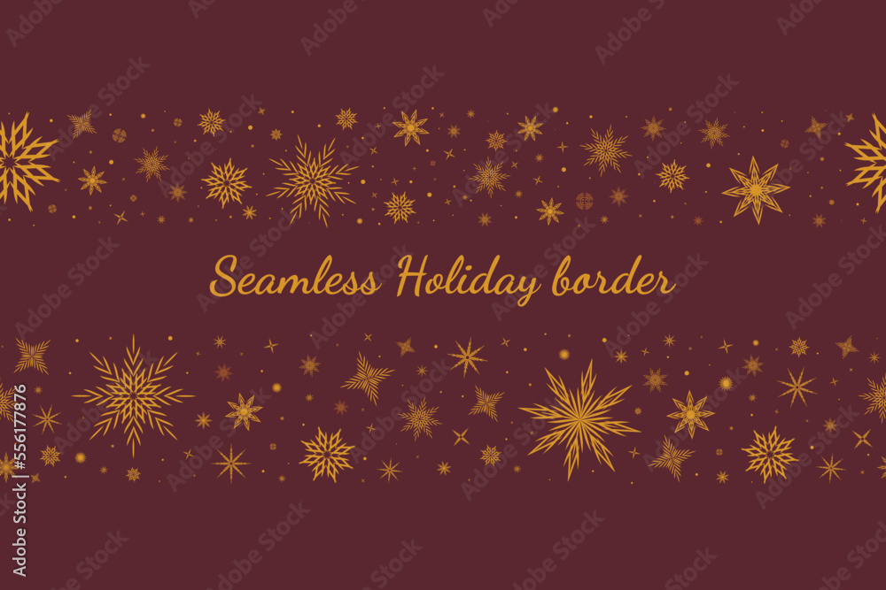 Seamless gold snowflakes border on a red background. Christmas design for greeting card. Vector illustration, merry xmas snow flake header or banner, wallpaper or backdrop decor.