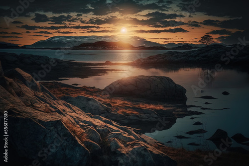 Sunset at Stavanger, Norway, with a sea surrounded by rocks and a hazy sky. Generative AI