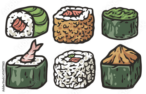 Sushi set or japanese or chinese rolls. Asian food with salmon, nori and shrimp, squid or seafood