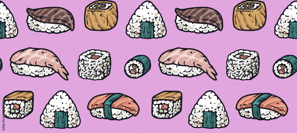 Asian food sushi seamless pattern for seafood background. Japanese or chinese rolls with salmon, nori