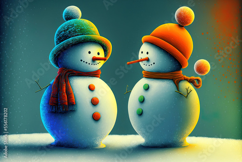 Figures depicting two beanie hatted snowmen on a snowy background for a Christmas card. Generative AI