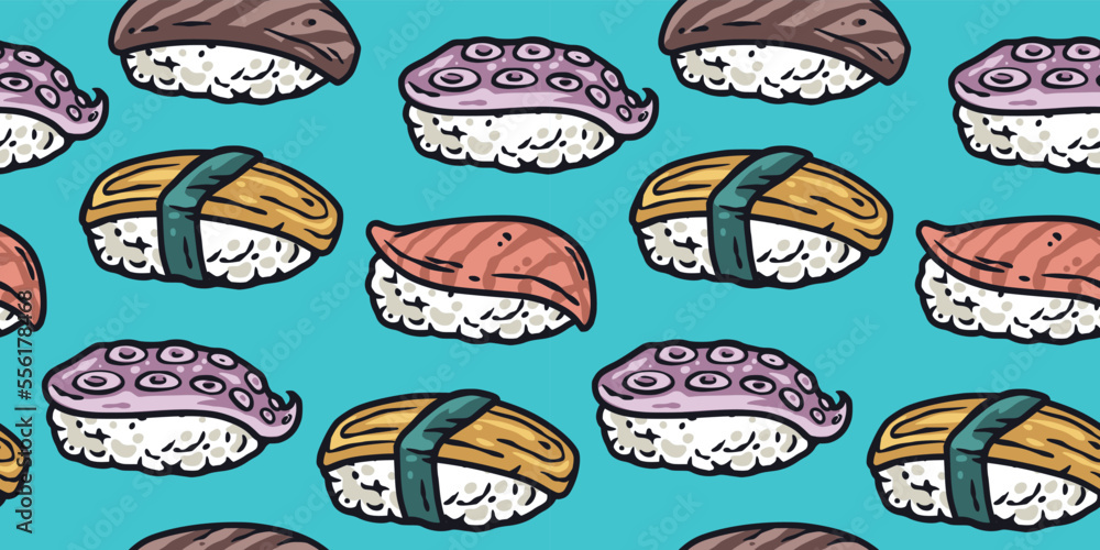 Sushi seamless pattern or japanese seafood backgroundor. Asian food or chinese rolls with salmon, nori Sushi seamless pattern or japanese seafood backgroundor. Asian food or chinese rolls with salmon, nori