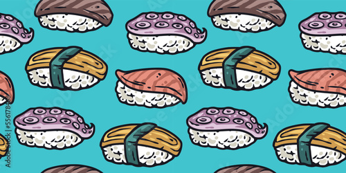 Sushi seamless pattern or japanese seafood backgroundor. Asian food or chinese rolls with salmon, nori