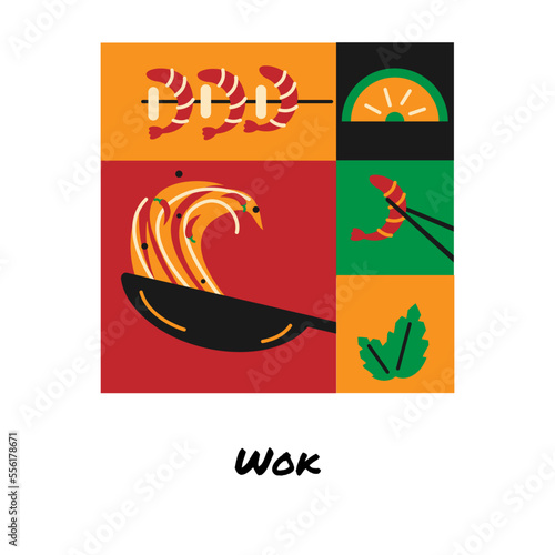 Poster or banner of an Asian dish. Wok and shrimp in the style of flat. Vector illustration of Asian food