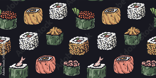 Asian food sushi seamless pattern for seafood background. Japanese or chinese rolls with salmon, nori