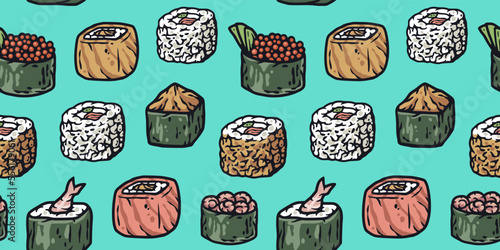 Sushi seamless pattern or japanese seafood backgroundor. Asian food or chinese rolls with salmon, nori