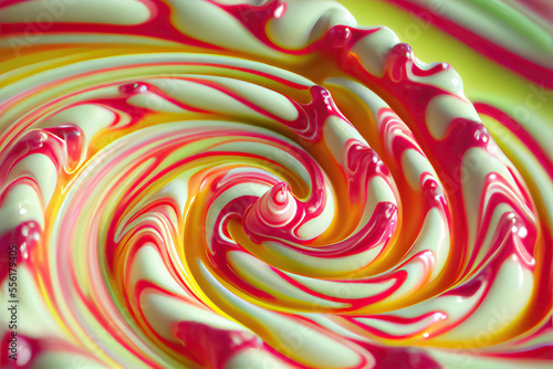 Illustration of a melting colorful yummy candyland, a place full of colorful sweet treats like gummies, lollipops, chocolates, gumdrops, gummies, licorices, mints, nougats photo