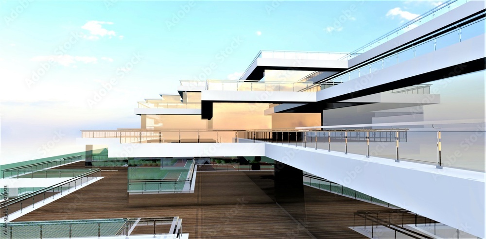 Fototapeta premium The early morning is reflected in the glass facade of the exclusive luxury hotel. Mirrored panoramic windows hide the privacy of visitors. 3d rendering.