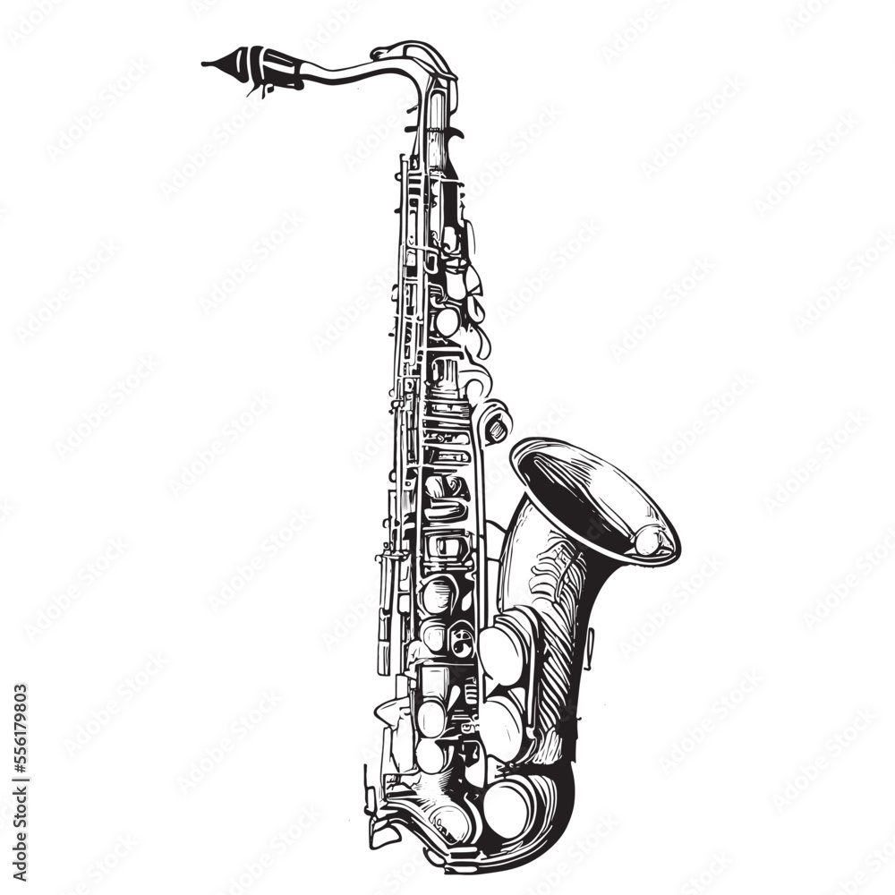 Old retro saxophone musical instrument sketch hand drawn engraving style Vector illustration. - obrazy, fototapety, plakaty 